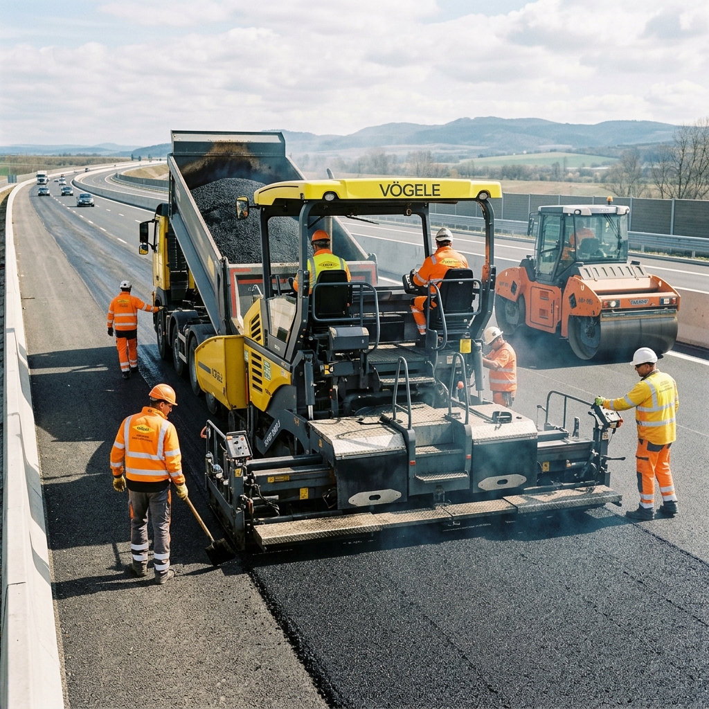 Bitumen road paving machine laying asphalt on highway