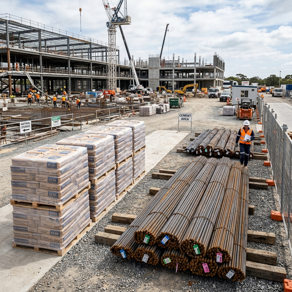 Steel rebar bundles and cement bags at construction site