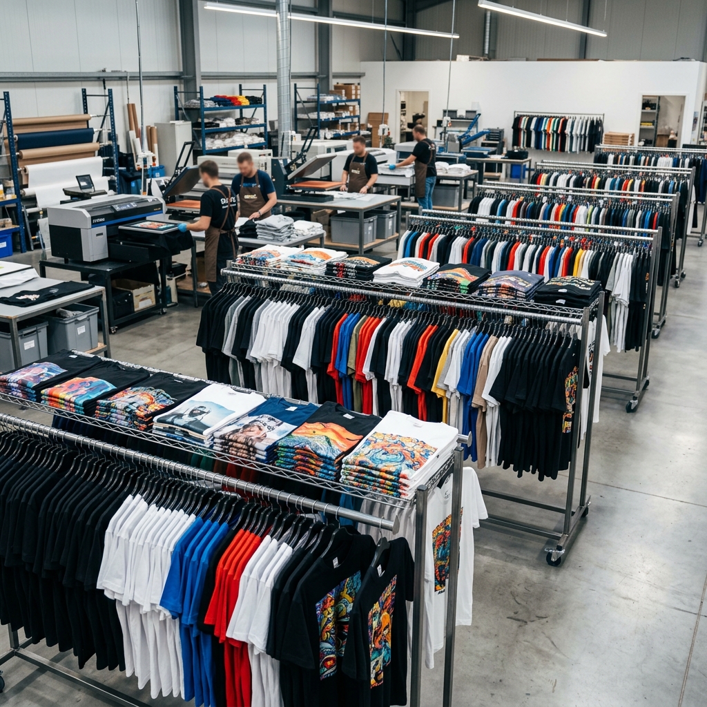Variety of digital printed textile products - t-shirts hoodies bags caps