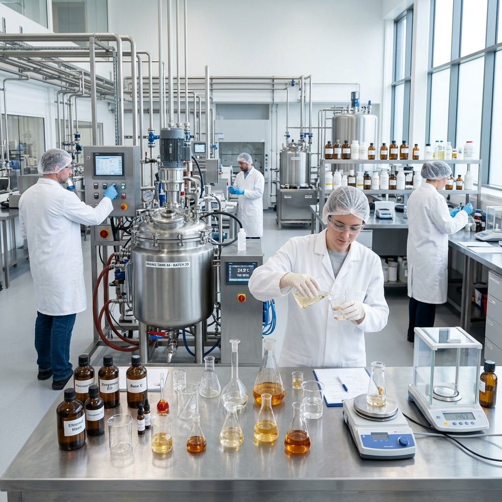 Perfume OEM manufacturing lab with fragrance raw materials and testing equipment