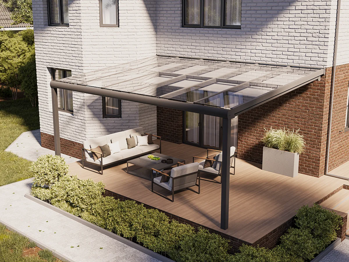 Top-down view of a Sky 1600 shock-absorber ceiling zip screen over a terrace