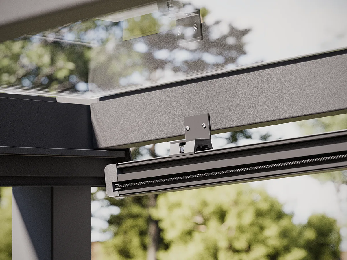 Rail profile of a Sky 1600 ceiling zip screen showing the channel that holds the fabric