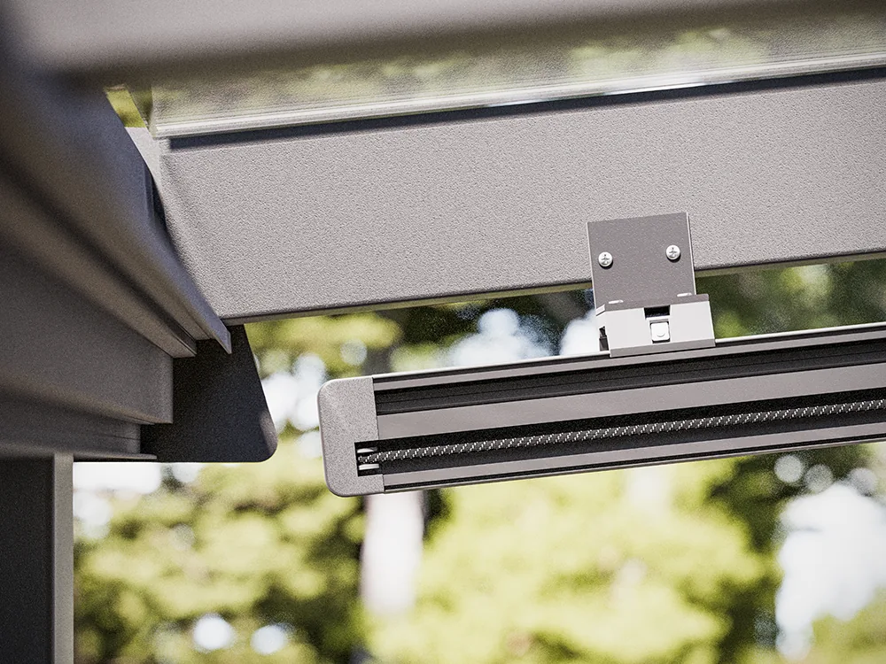 Rail bracket close-up on a Sky 1600 ceiling zip screen fixed to the terrace frame