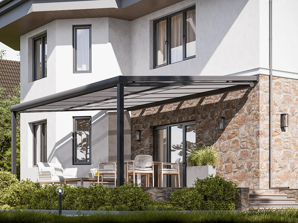 Villa terrace with a Sky 1600 shock-absorber ceiling zip screen drawn over the seating area