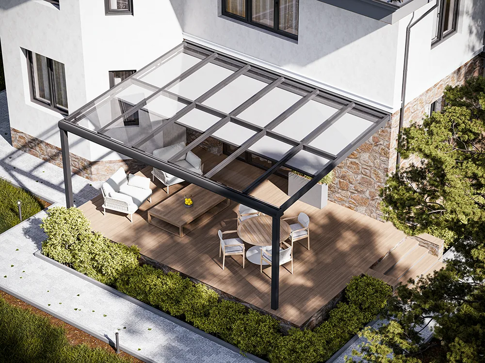 Garden terrace with a Sky 1600 ceiling zip screen seen from the surrounding lawn