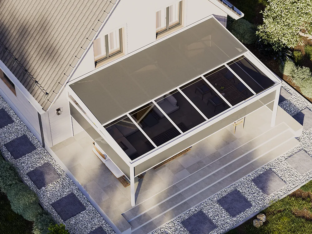 Aerial view of a white pergola with Sky 1500 ceiling zip screens in dark fabric