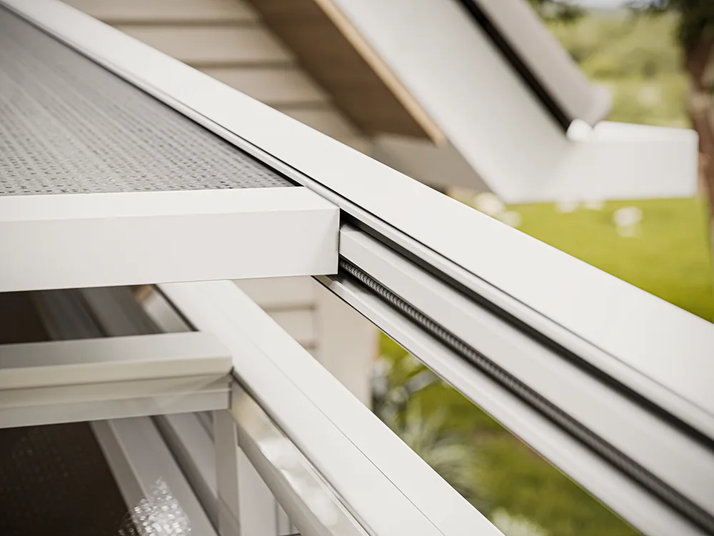 Sky 1500 ceiling zip screen rail profile close-up showing the zip channel and fabric edge
