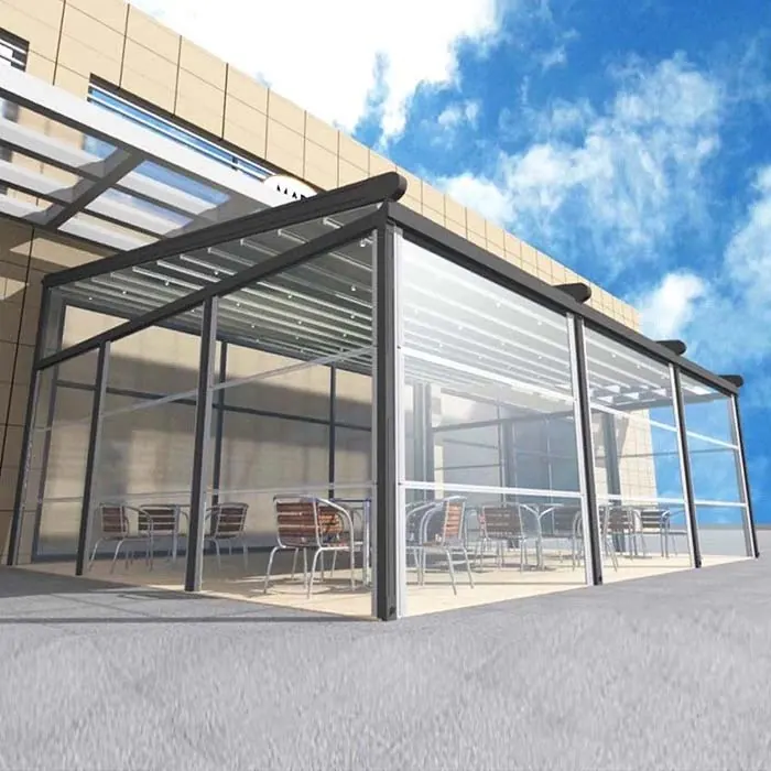 Rendering of a café terrace enclosed by glass panels beneath a louvred roof with outdoor chairs