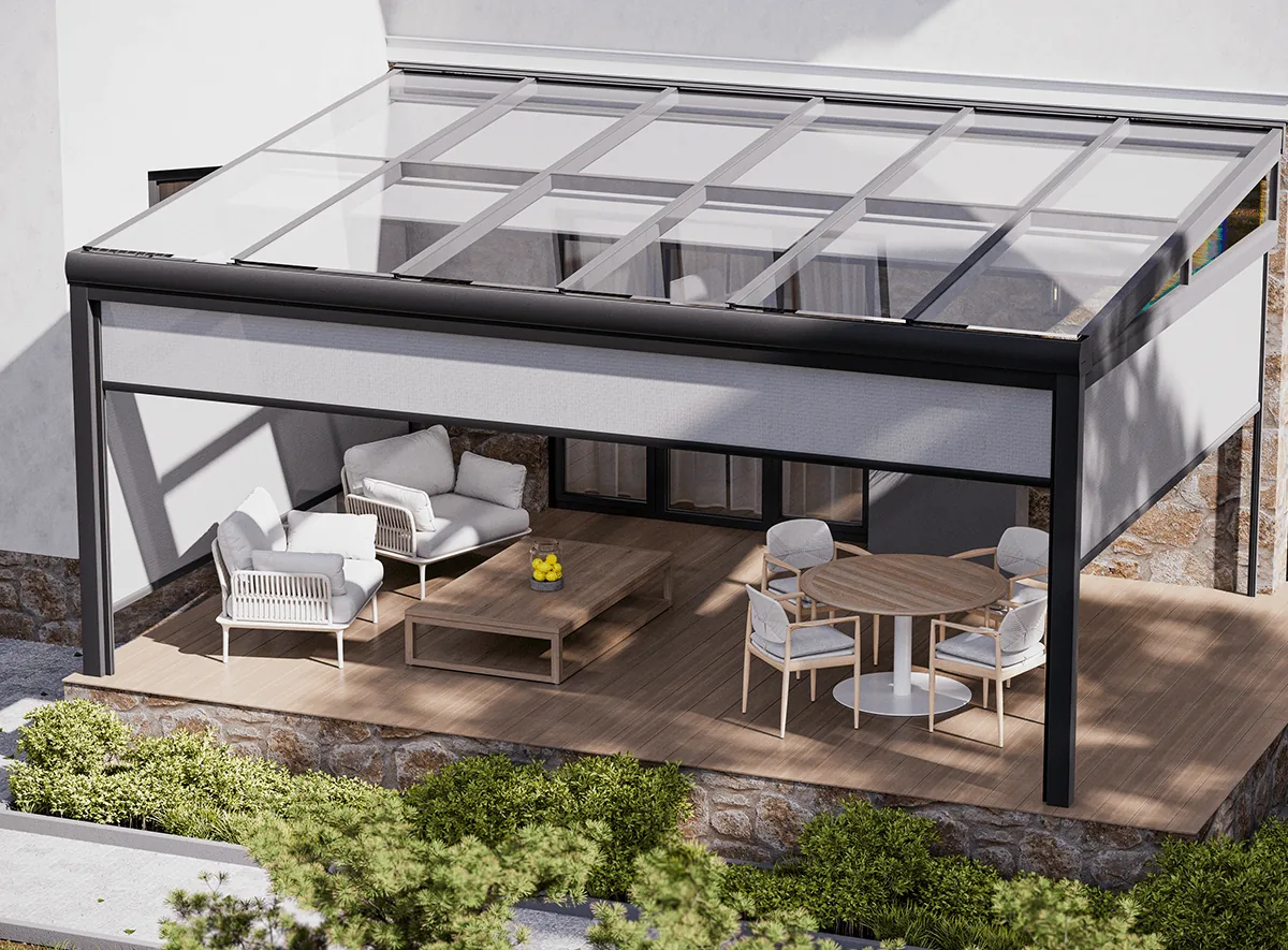 Glass-roofed terrace with zip screens fitted on the facade sides