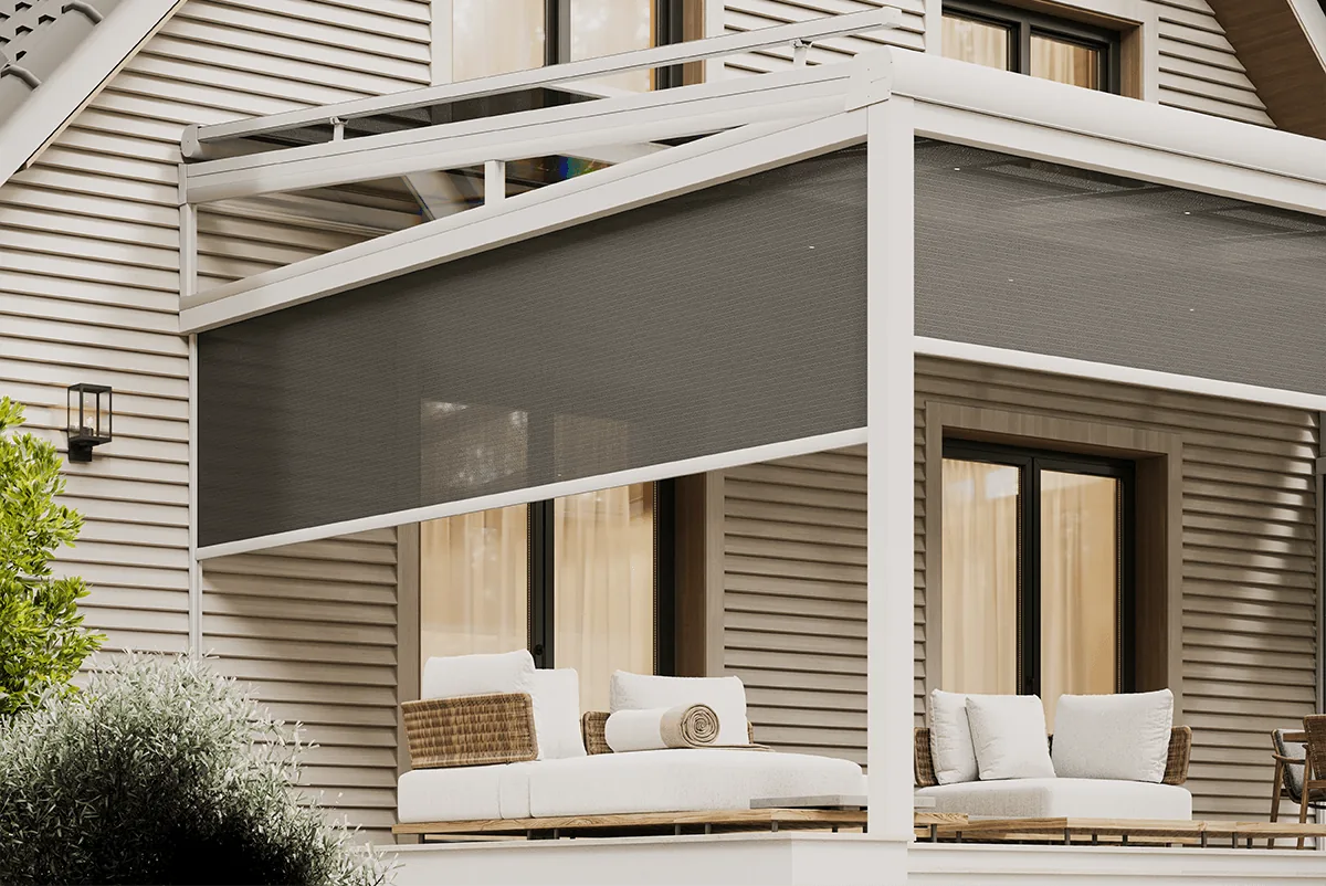 Terrace corner with a facade zip screen enclosing the side opening