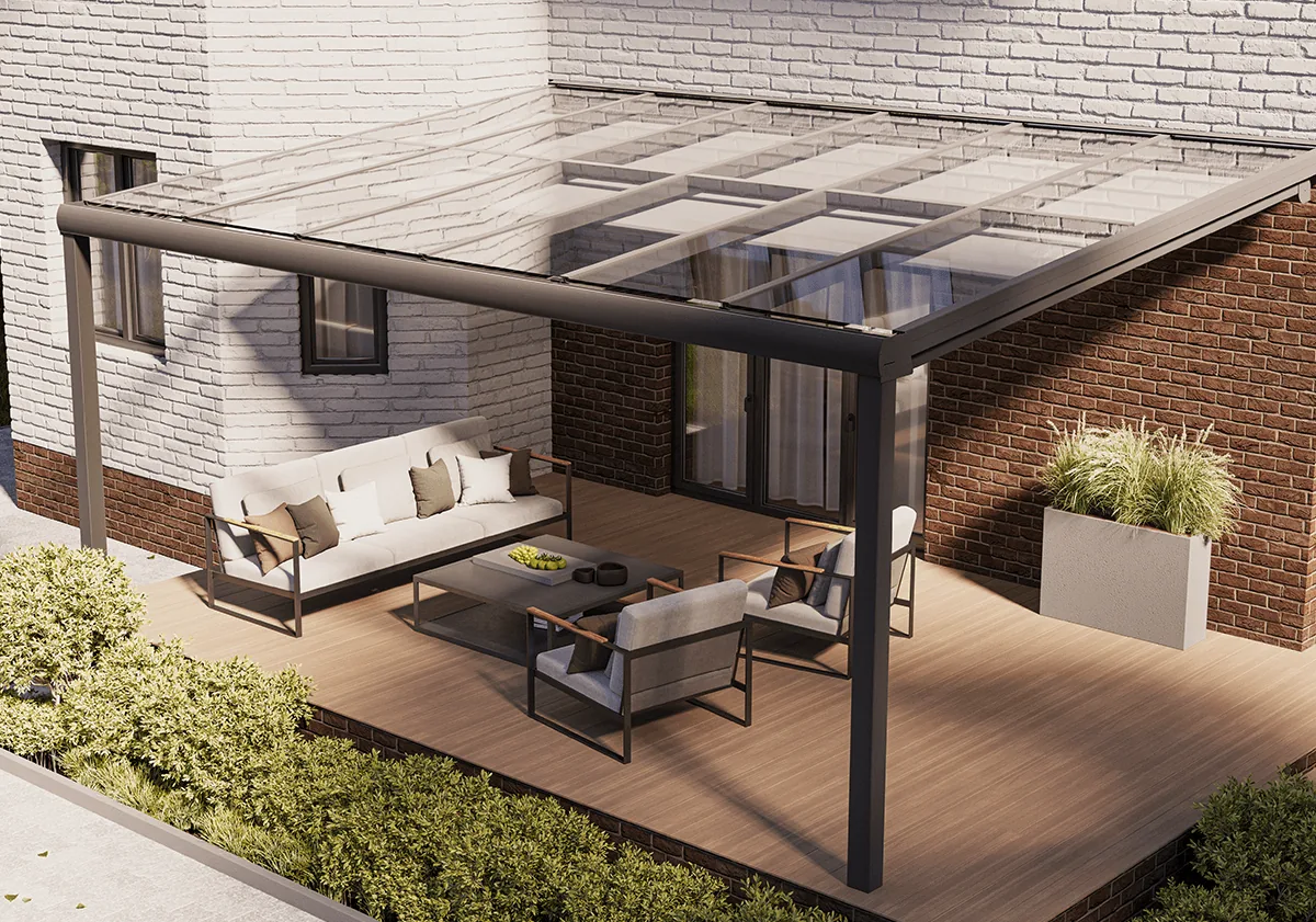 Glass roof terrace seen through a facade zip screen
