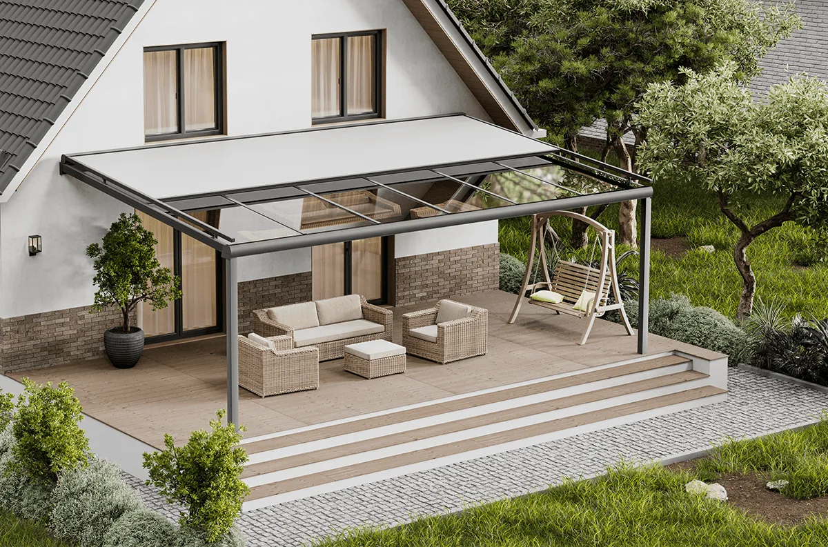 Terrace with a swing seat under a pergola with zip screens at the sides