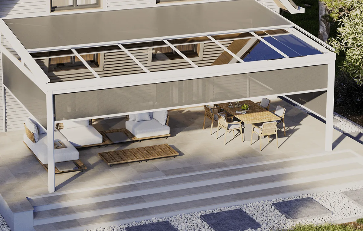 White pergola from above with outdoor facade zip screens around the sides