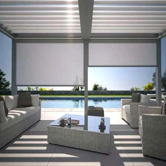 Villa terrace pergola with vertical zip screens lowered beside a swimming pool