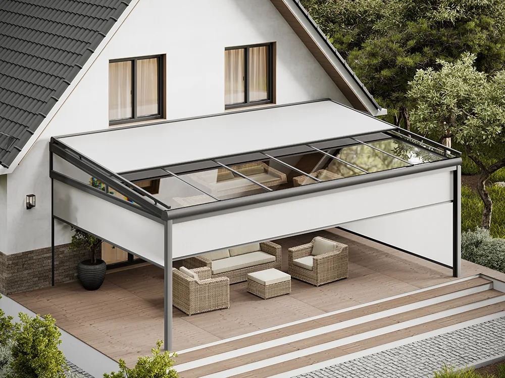 Vertical zip screen on a glass-roof villa terrace with rattan seating, seen in perspective