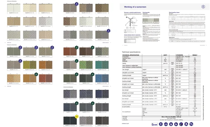Fabric catalogue page with technical specifications and colour swatch grids