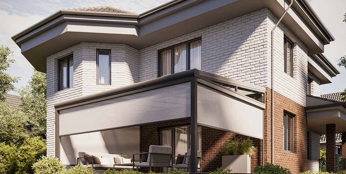 Shock-absorber ceiling zip screen model in perspective view