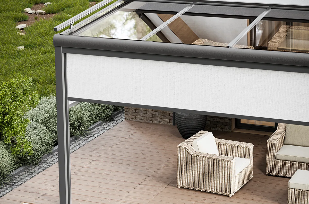 Vertical outdoor zip screen model shown in perspective view