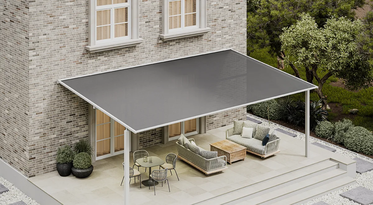 Pergola zip screen set with side screens shown in perspective view